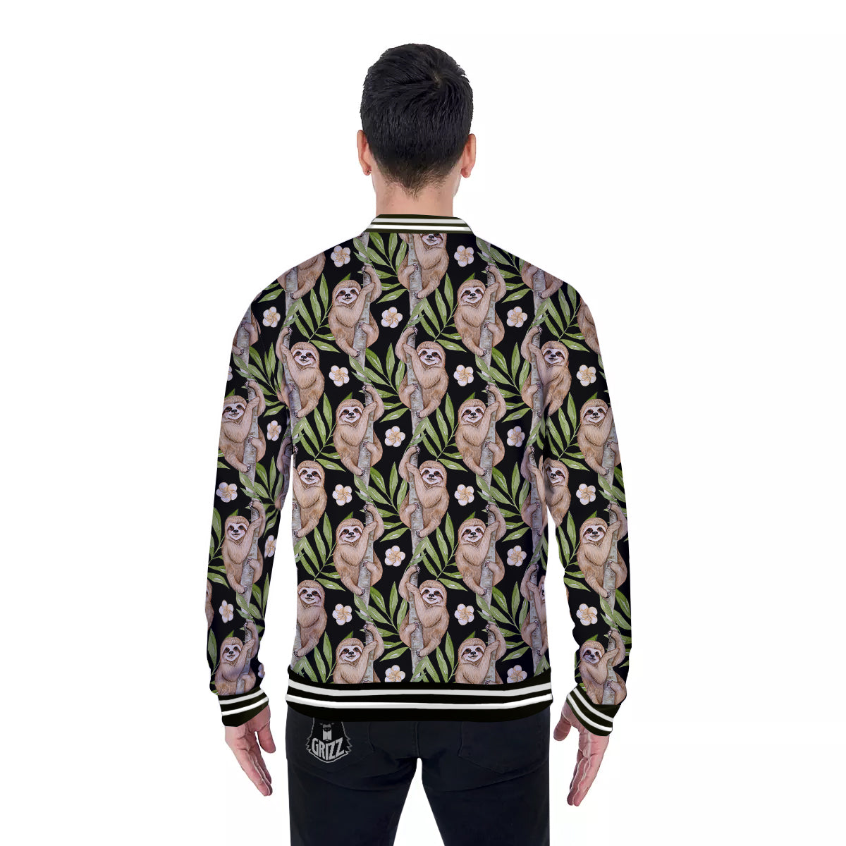 Sloth Watercolor Print Pattern Baseball Jacket-grizzshop