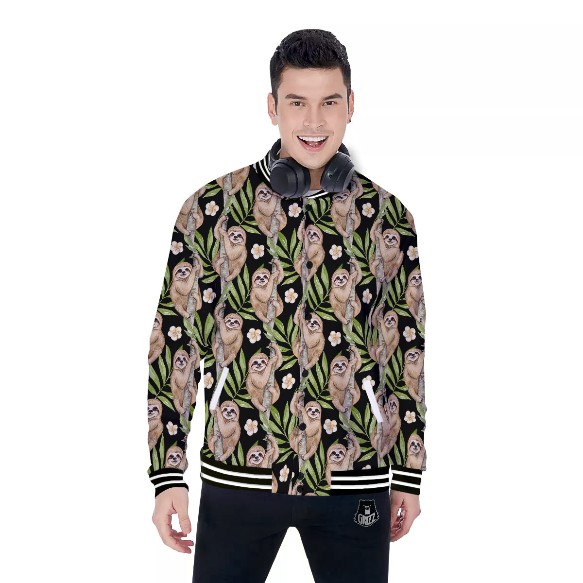 Sloth Watercolor Print Pattern Baseball Jacket-grizzshop