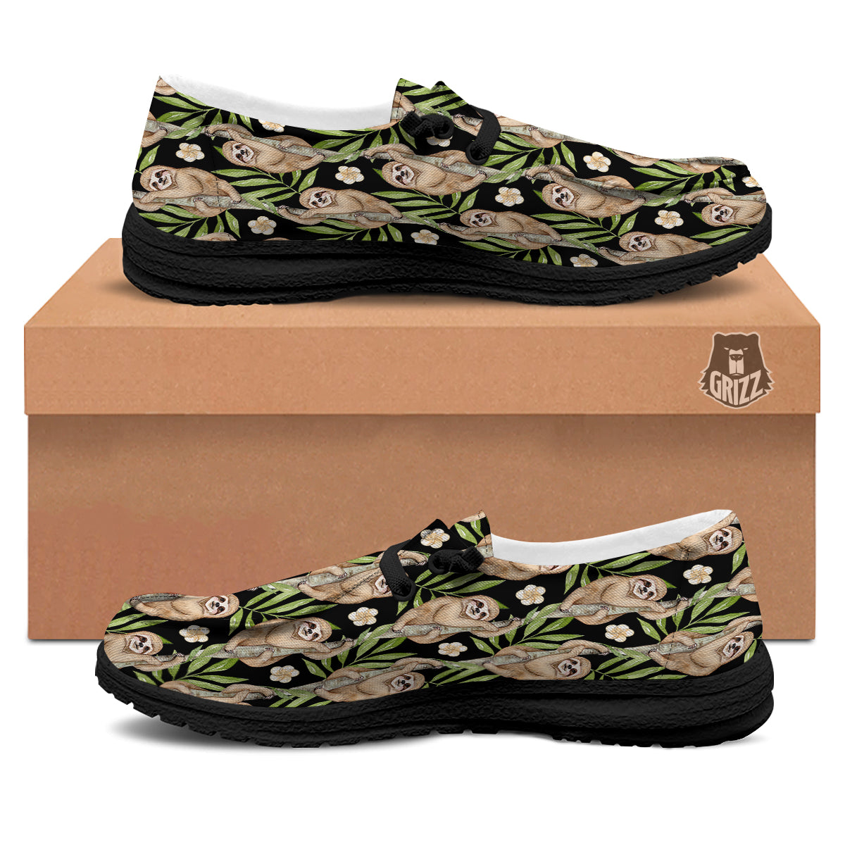 Sloth Watercolor Print Pattern Black Loafers-grizzshop