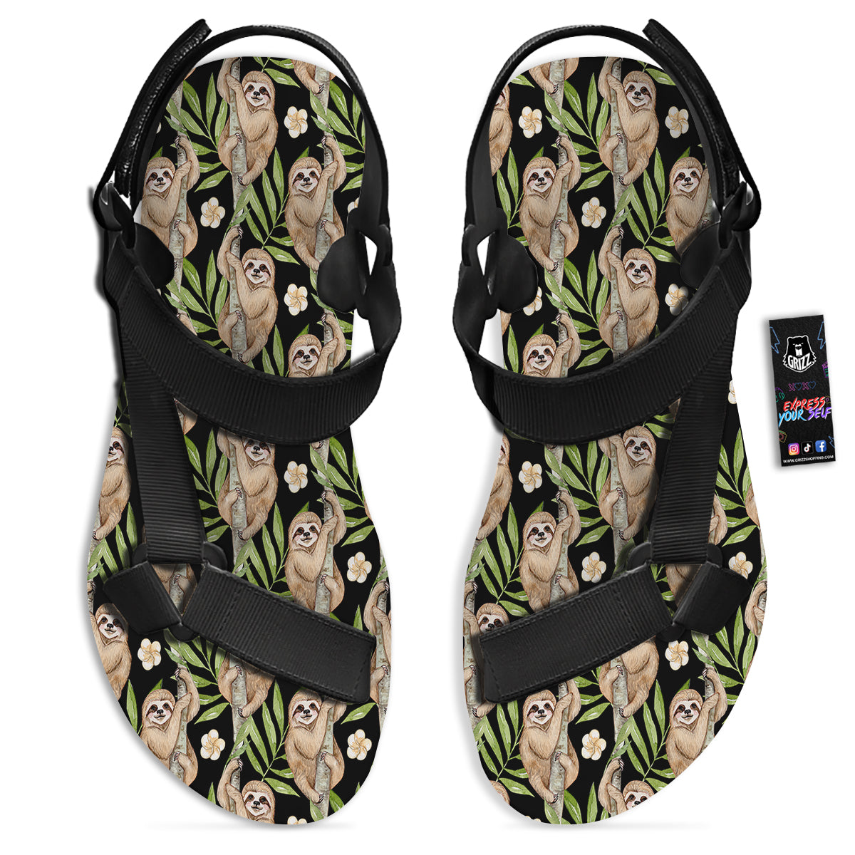 Sloth Watercolor Print Pattern Black Open Toe Sandals-grizzshop