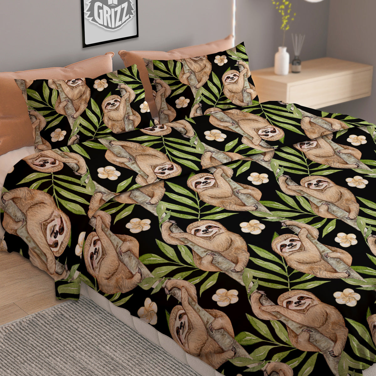 Sloth Watercolor Print Pattern Duvet Cover Bedding Set