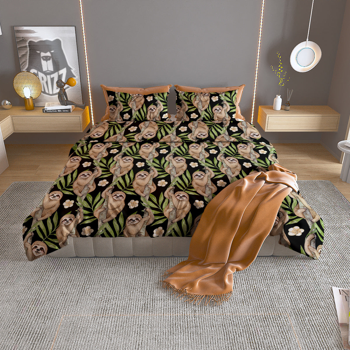 Sloth Watercolor Print Pattern Duvet Cover Bedding Set