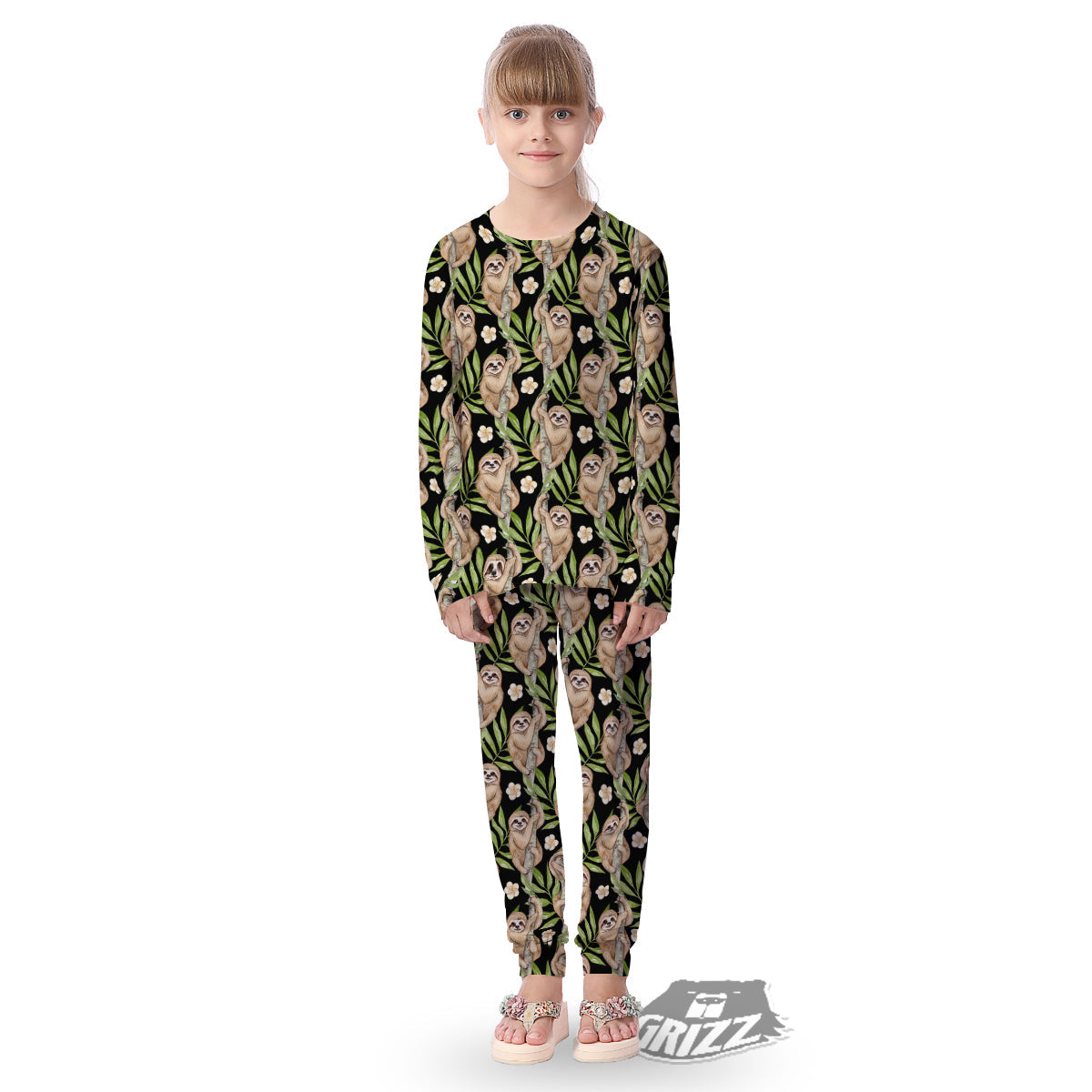 Sloth Watercolor Print Pattern Kid's Pajamas-grizzshop