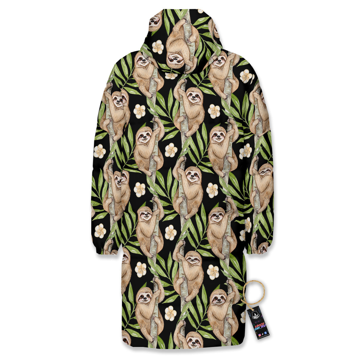 Sloth Watercolor Print Pattern Long Down Jacket-grizzshop