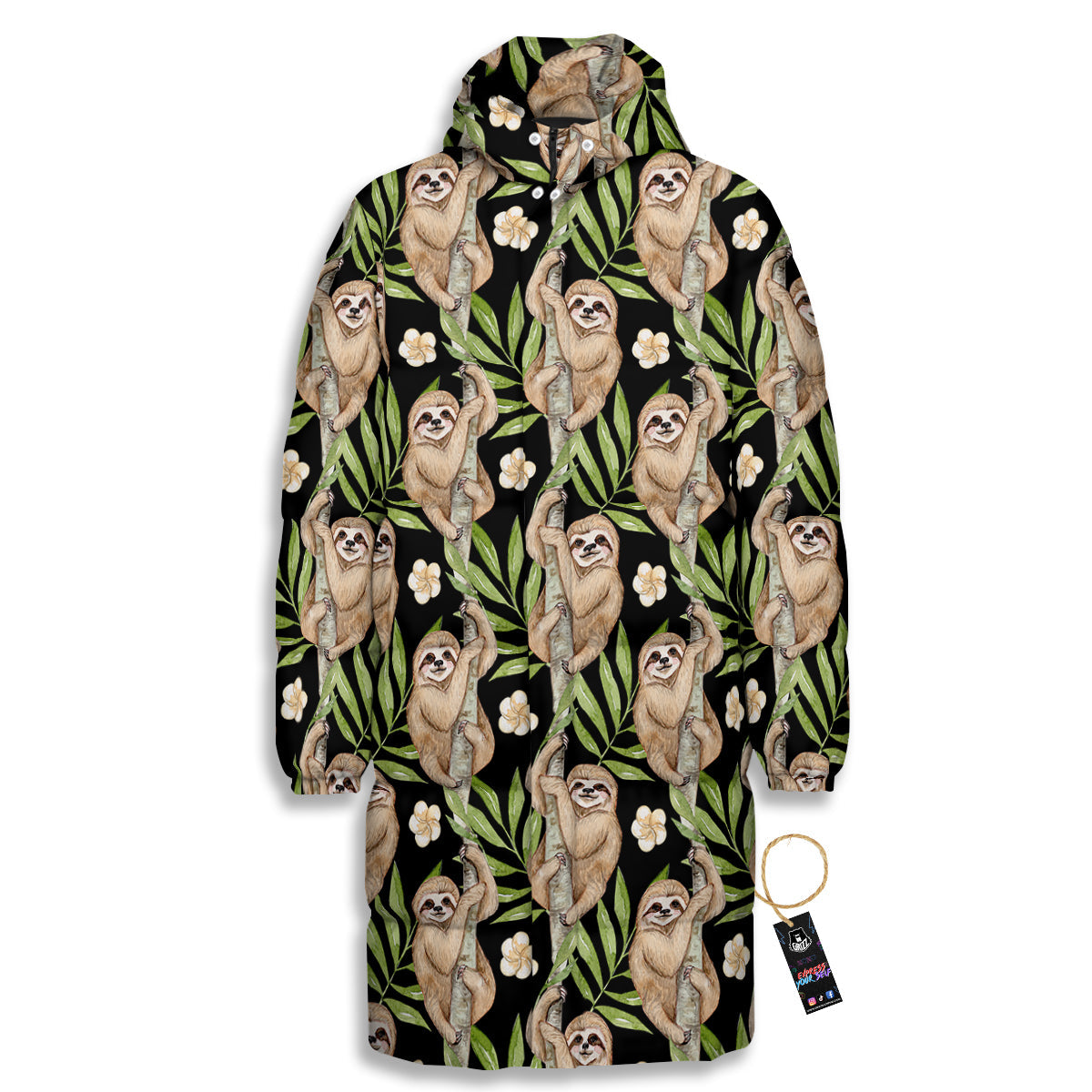 Sloth Watercolor Print Pattern Long Down Jacket-grizzshop
