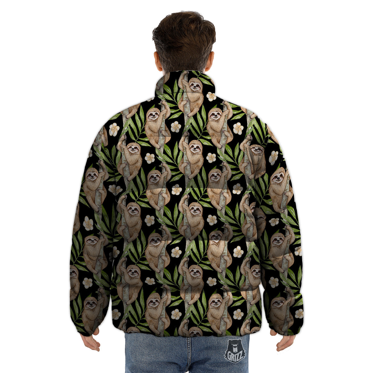 Sloth Watercolor Print Pattern Puffer Jacket-grizzshop