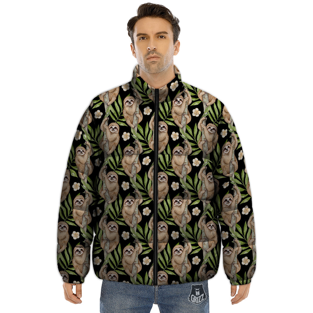 Sloth Watercolor Print Pattern Puffer Jacket-grizzshop