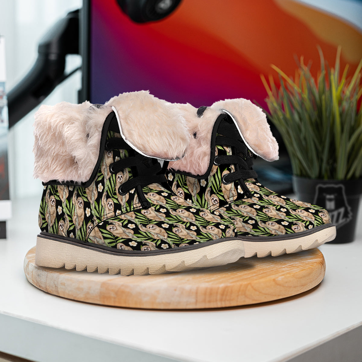 Sloth Watercolor Print Pattern Snow Boots-grizzshop