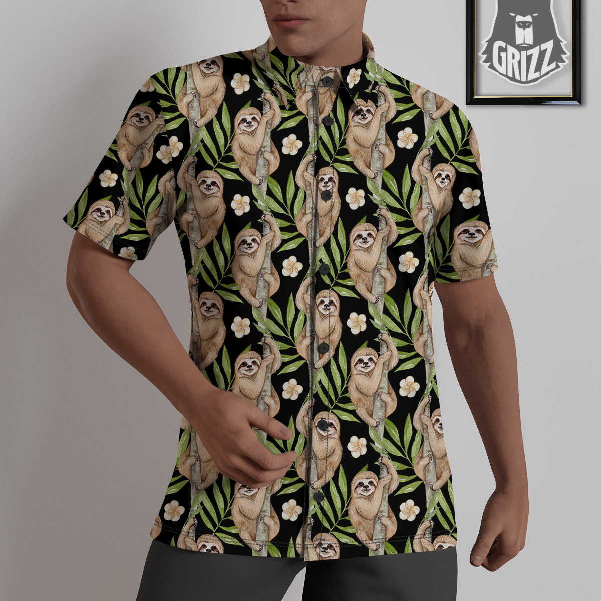 Sloth Watercolor Print Pattern Untucked Shirts-grizzshop