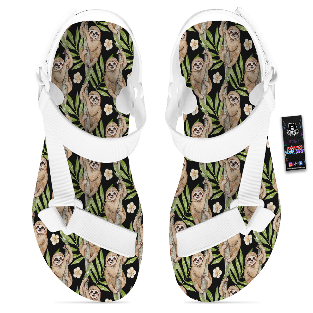 Sloth Watercolor Print Pattern White Open Toe Sandals-grizzshop