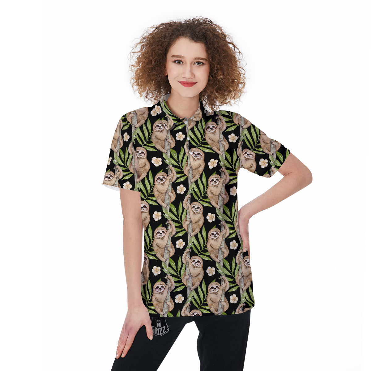 Sloth Watercolor Print Pattern Women's Golf Shirts-grizzshop