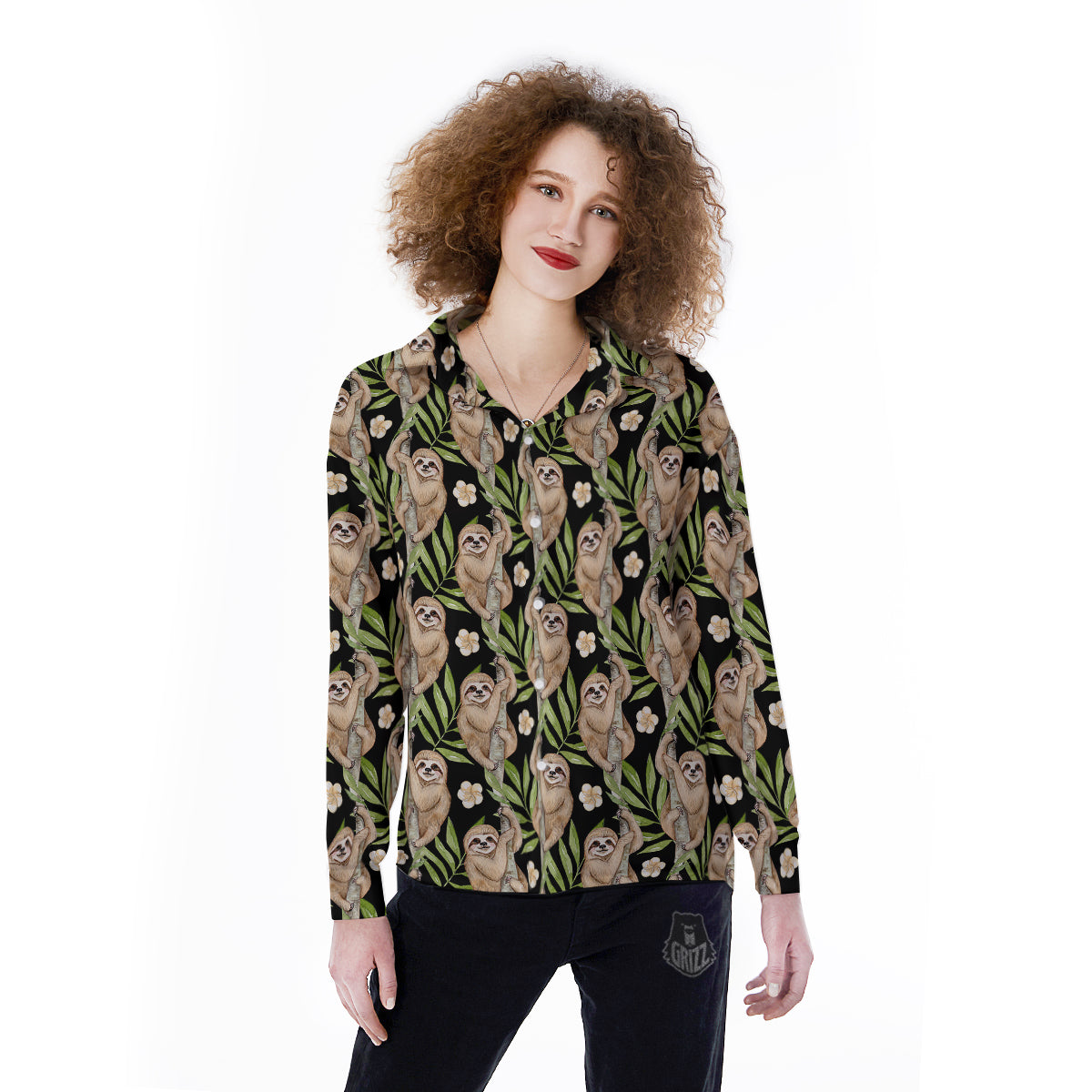 Sloth Watercolor Print Pattern Women's Long Sleeve Shirts-grizzshop