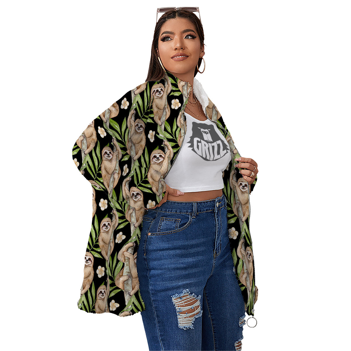 Sloth Watercolor Print Pattern Women's Sherpa Jacket-grizzshop