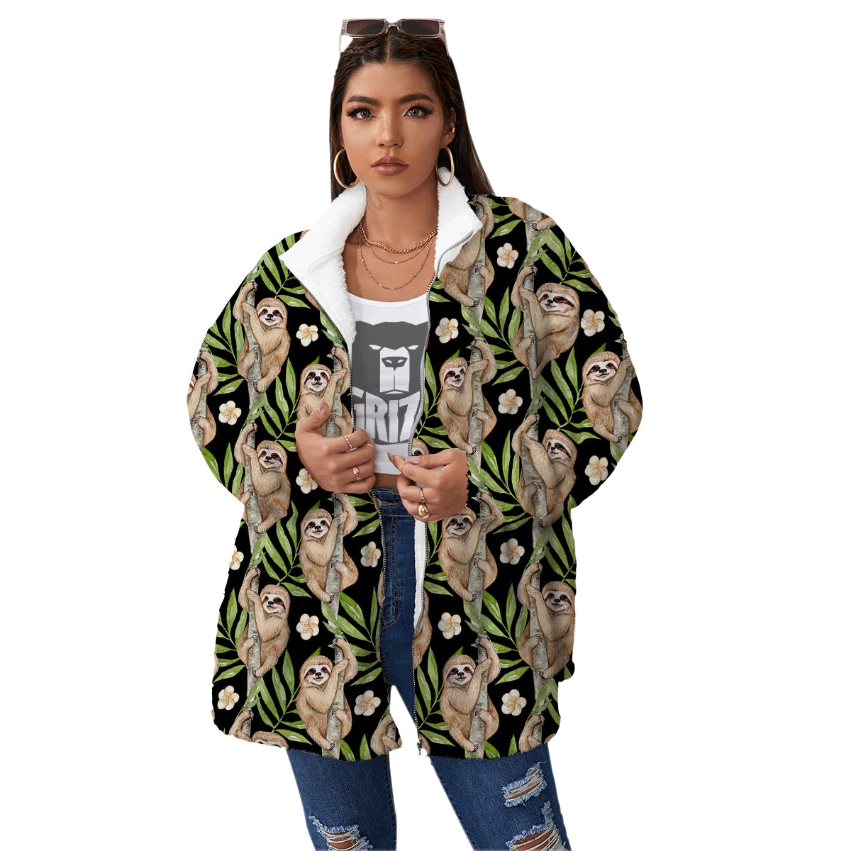 Sloth Watercolor Print Pattern Women's Sherpa Jacket-grizzshop