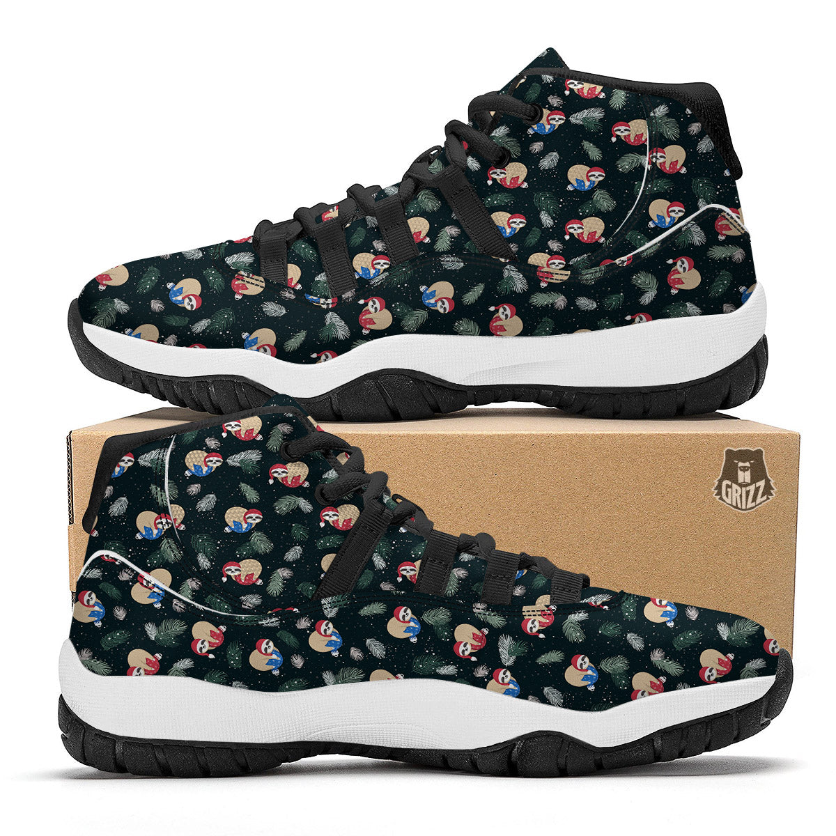 Sloths Sleeping Christmas Print Pattern Black Bball Shoes-grizzshop