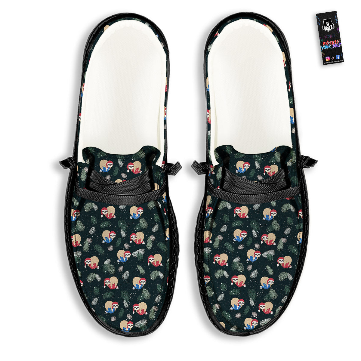 Sloths Sleeping Christmas Print Pattern Black Loafers-grizzshop