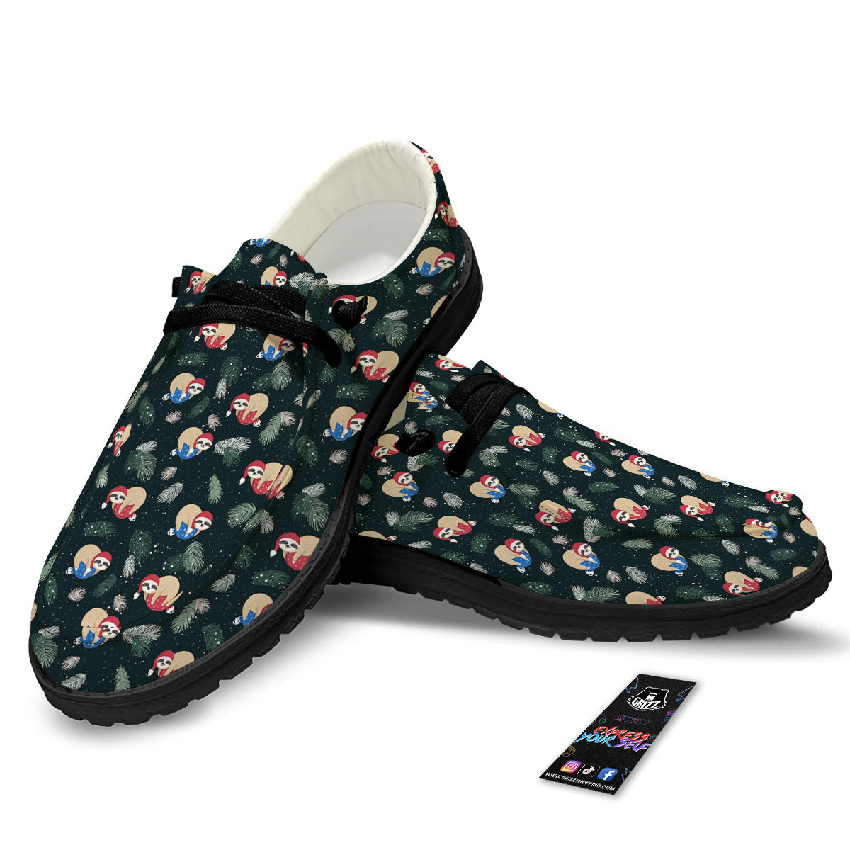 Sloths Sleeping Christmas Print Pattern Black Loafers-grizzshop