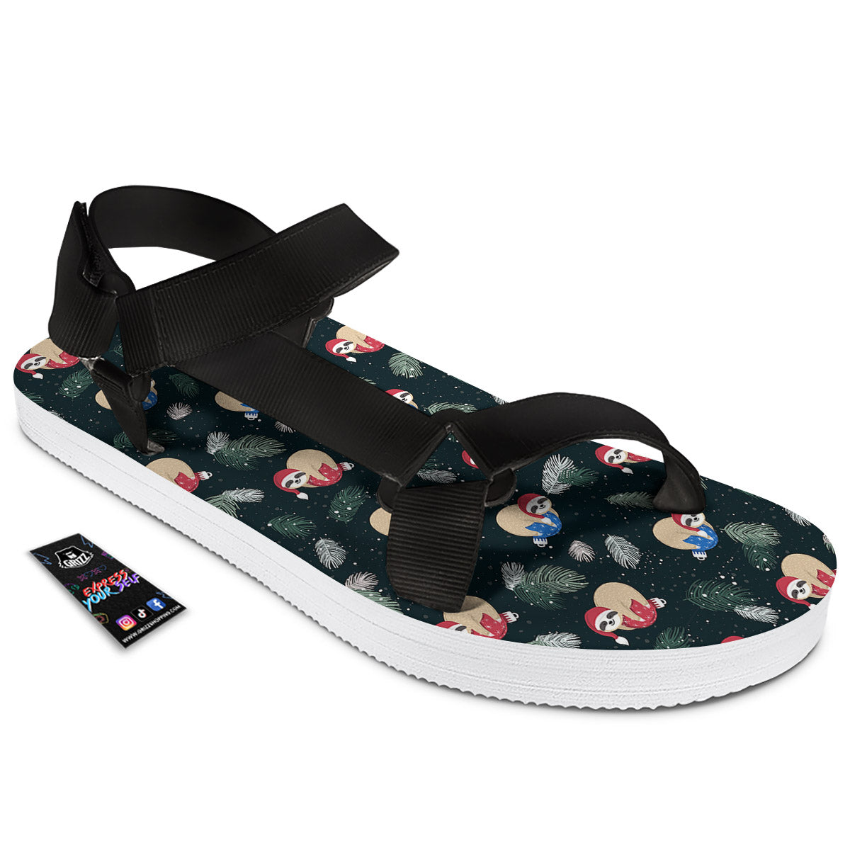 Sloths Sleeping Christmas Print Pattern Black Open Toe Sandals-grizzshop