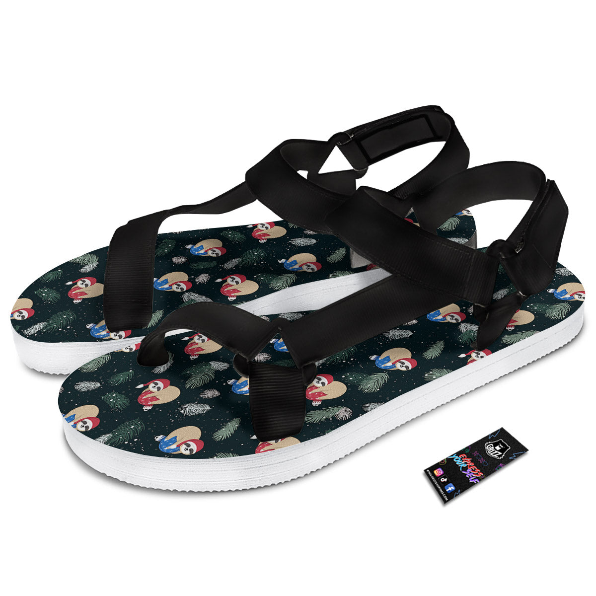 Sloths Sleeping Christmas Print Pattern Black Open Toe Sandals-grizzshop