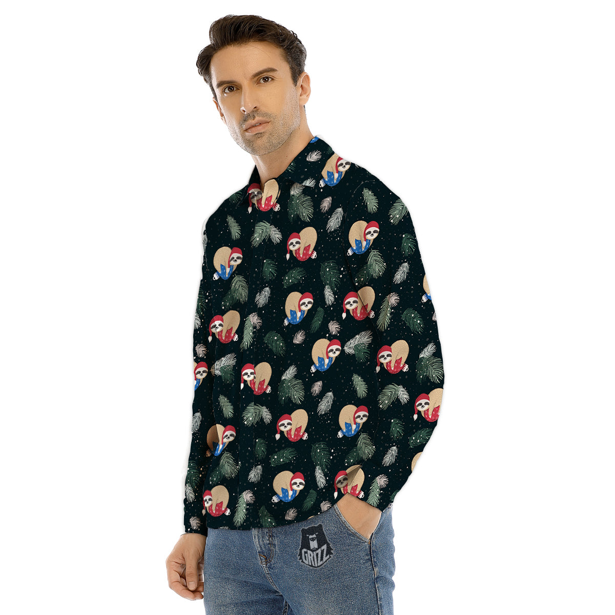 Sloths Sleeping Christmas Print Pattern Men's Dress Shirts-grizzshop