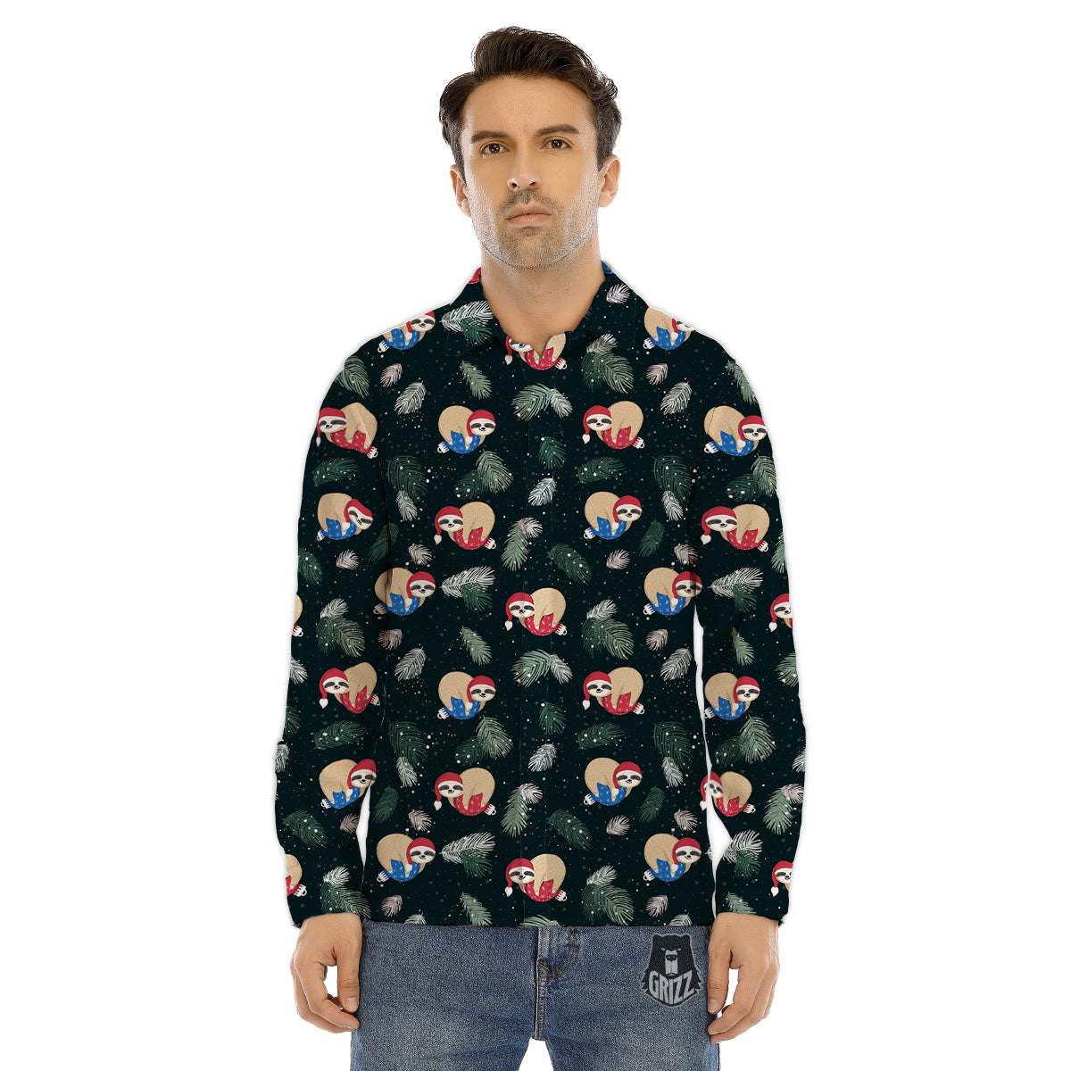 Sloths Sleeping Christmas Print Pattern Men's Dress Shirts-grizzshop