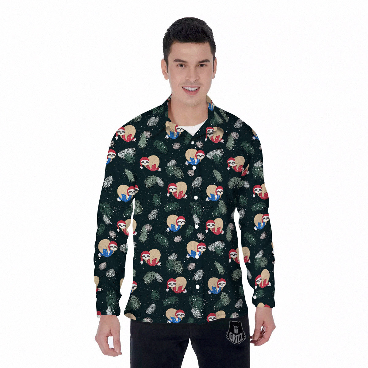 Sloths Sleeping Christmas Print Pattern Men's Long Sleeve Shirts-grizzshop