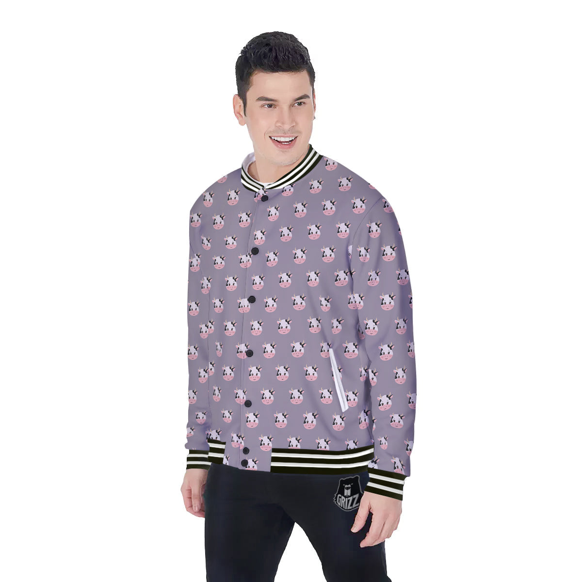 Smiley Cow Cartoon Print Pattern Baseball Jacket-grizzshop