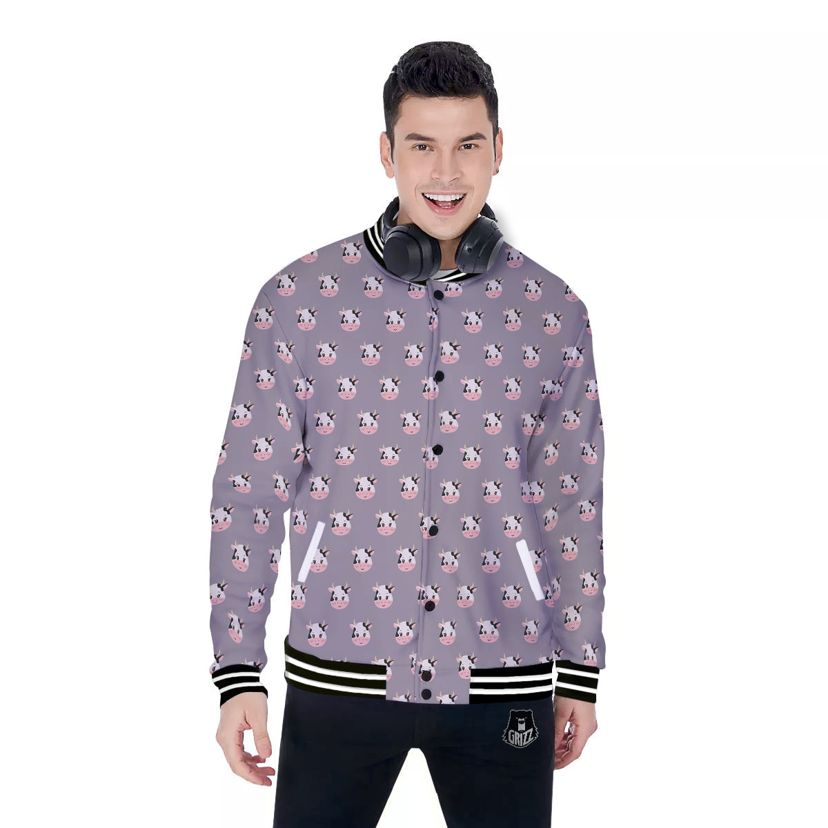 Smiley Cow Cartoon Print Pattern Baseball Jacket-grizzshop