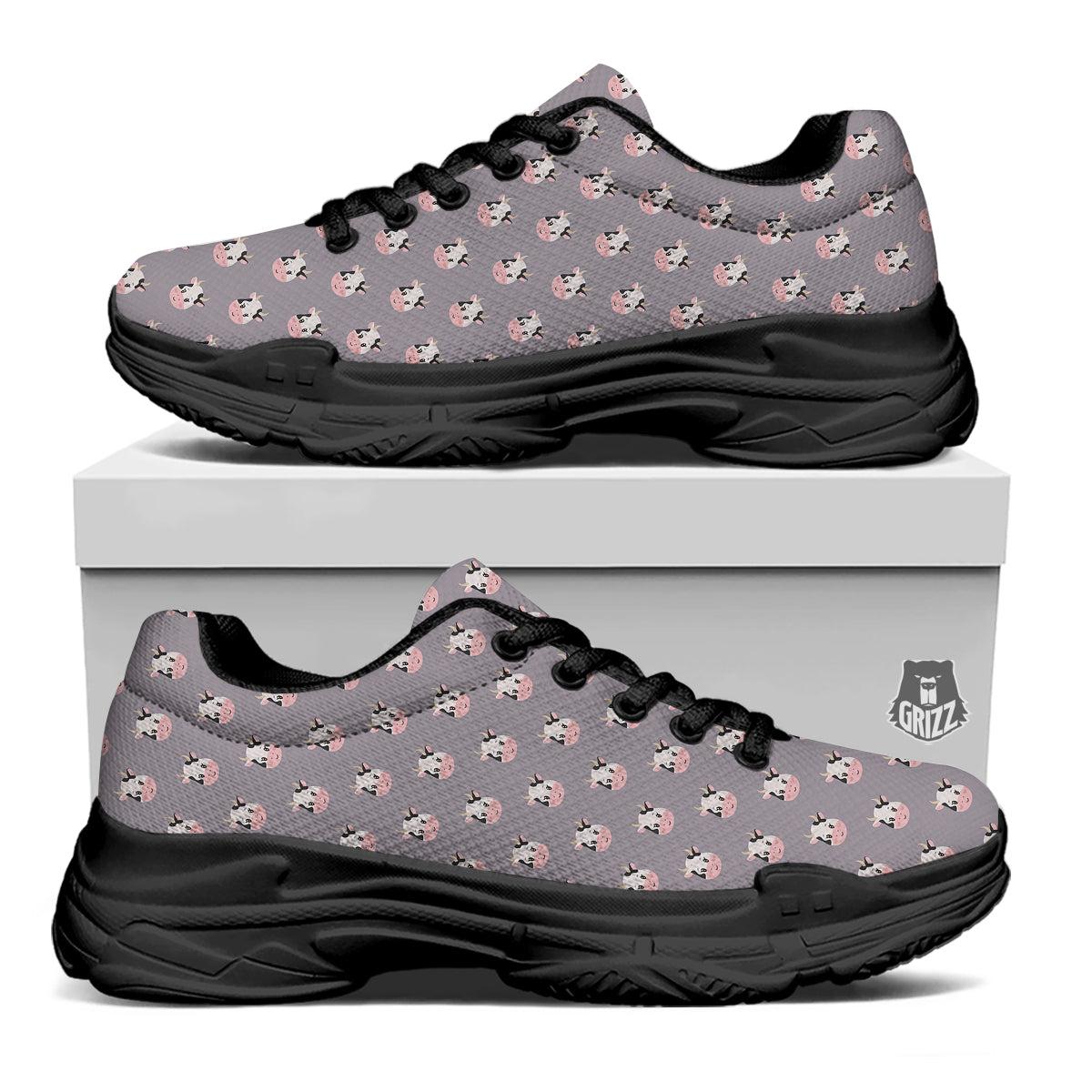 Smiley Cow Cartoon Print Pattern Black Chunky Shoes-grizzshop