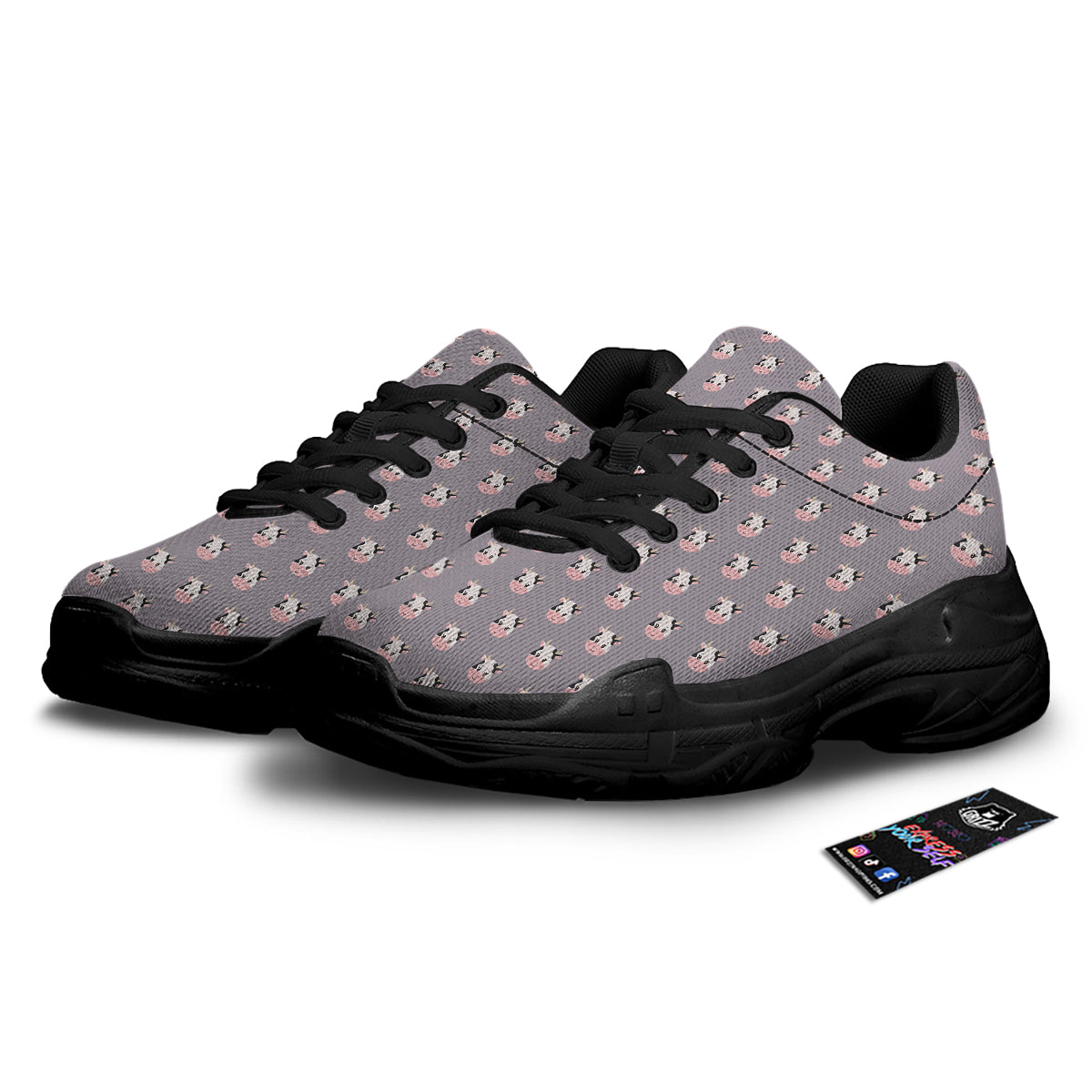 Smiley Cow Cartoon Print Pattern Black Chunky Shoes-grizzshop