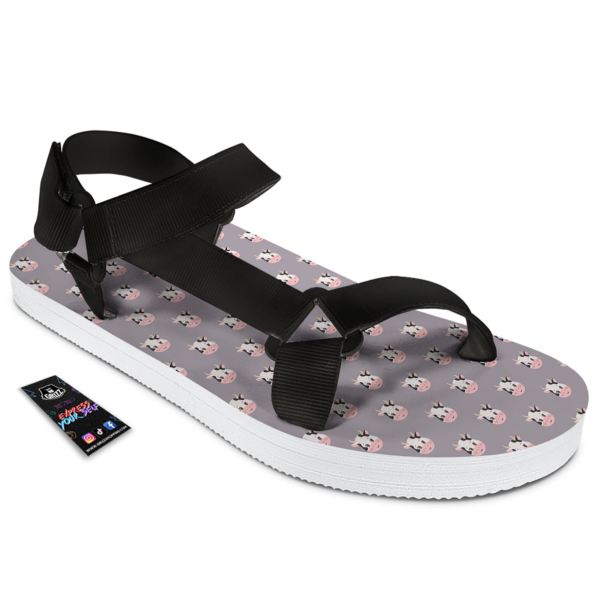 Smiley Cow Cartoon Print Pattern Black Open Toe Sandals-grizzshop