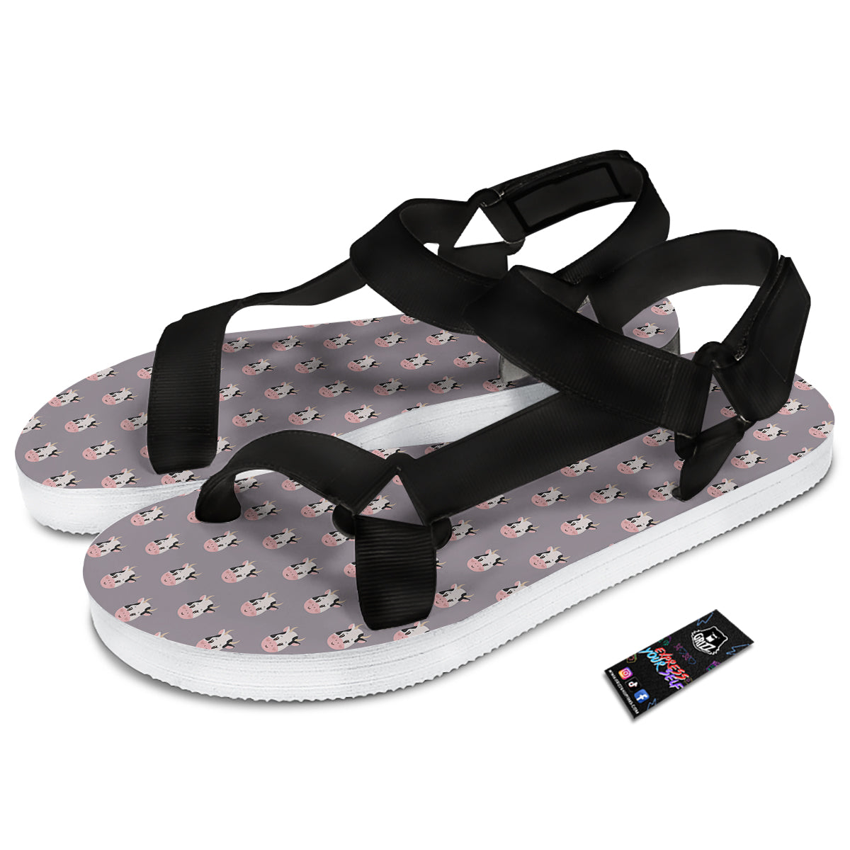 Smiley Cow Cartoon Print Pattern Black Open Toe Sandals-grizzshop