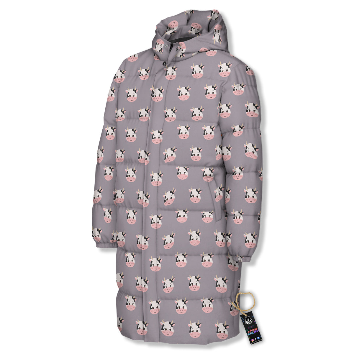 Smiley Cow Cartoon Print Pattern Long Down Jacket-grizzshop