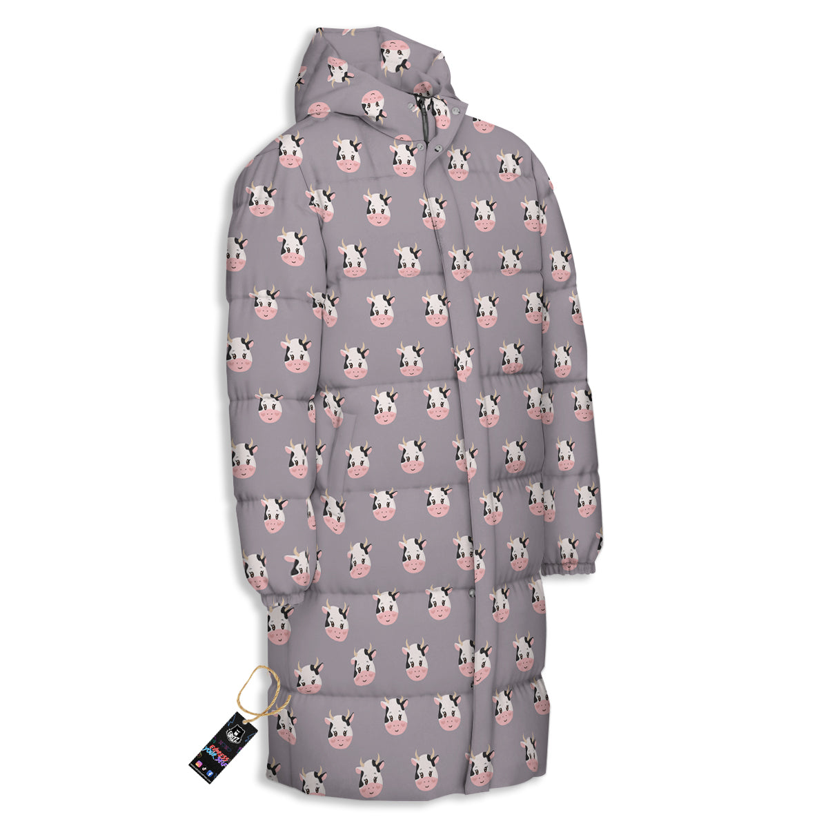 Smiley Cow Cartoon Print Pattern Long Down Jacket-grizzshop