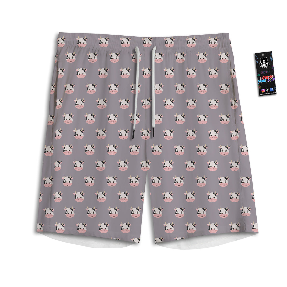 Smiley Cow Cartoon Print Pattern Men's Athletic Shorts