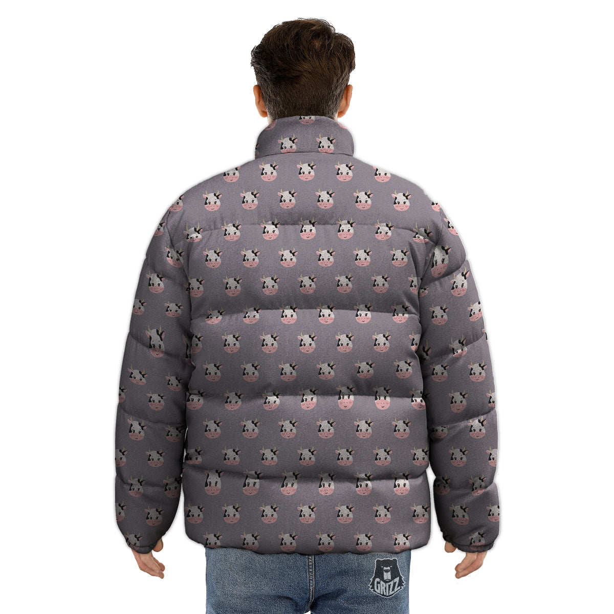 Smiley Cow Cartoon Print Pattern Puffer Jacket-grizzshop