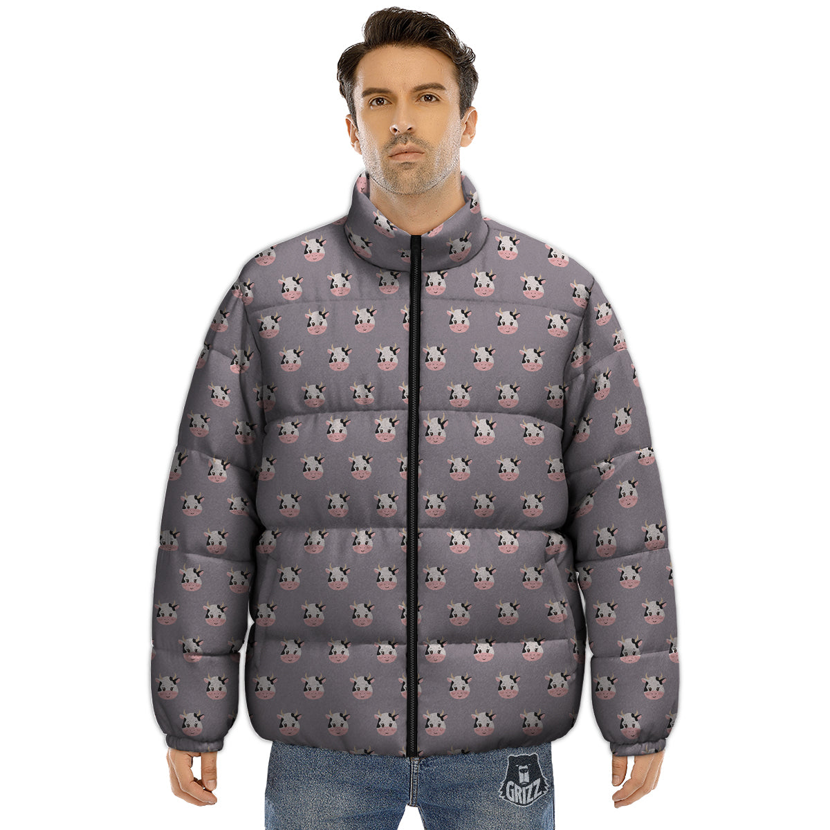 Smiley Cow Cartoon Print Pattern Puffer Jacket-grizzshop