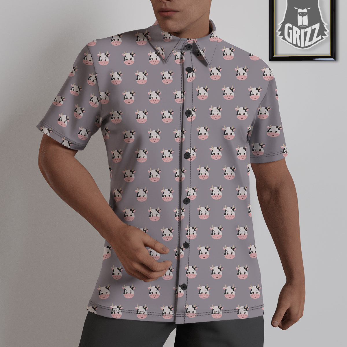 Smiley Cow Cartoon Print Pattern Untucked Shirts-grizzshop