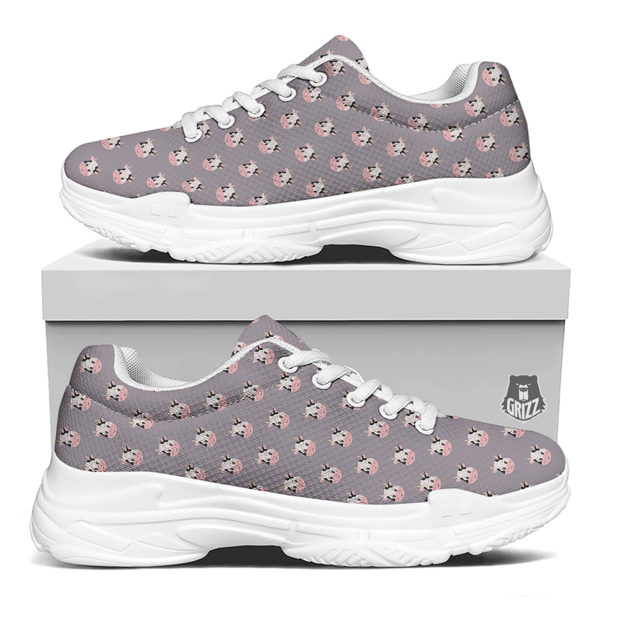 Smiley Cow Cartoon Print Pattern White Chunky Shoes-grizzshop