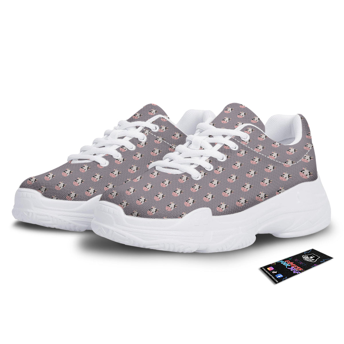 Smiley Cow Cartoon Print Pattern White Chunky Shoes-grizzshop
