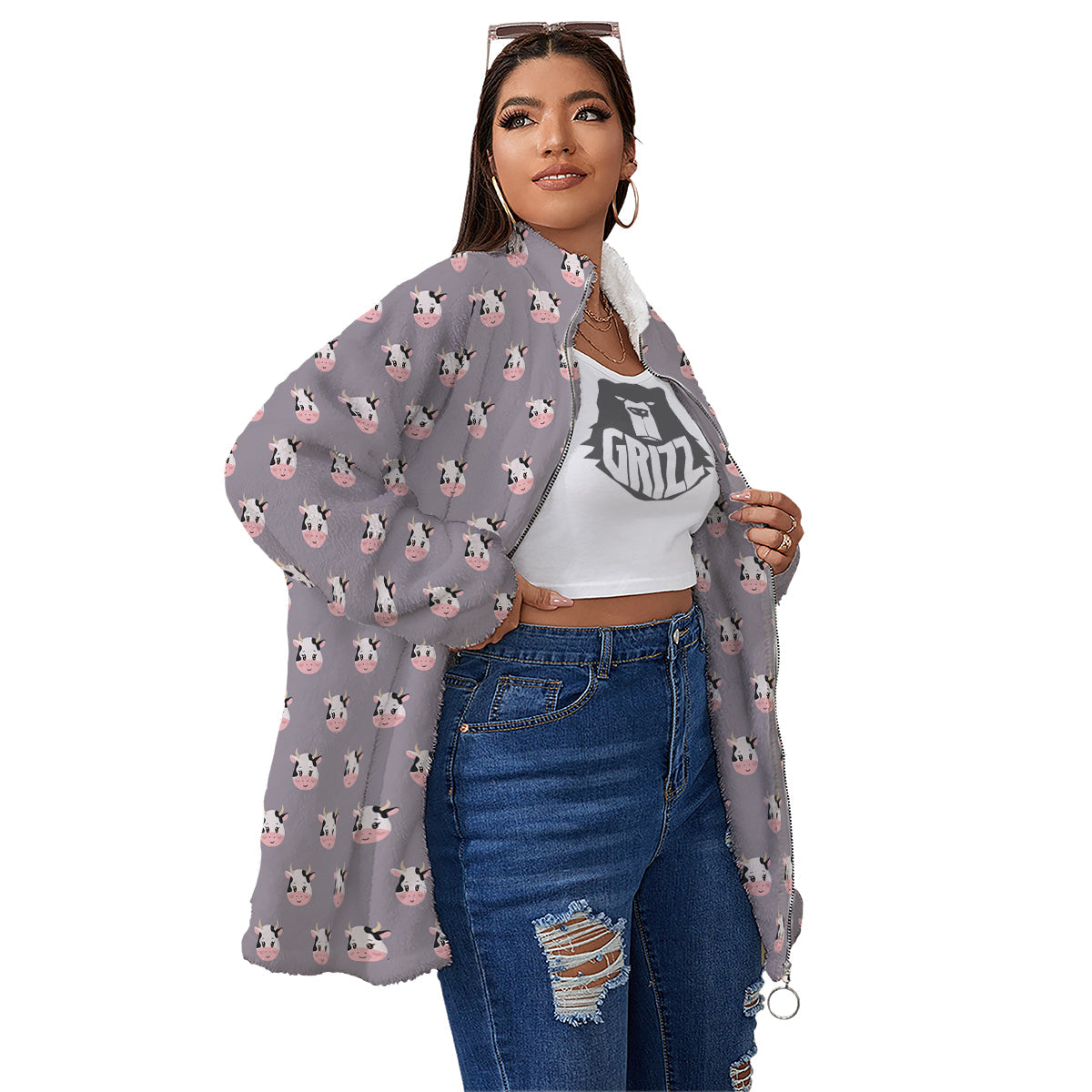 Smiley Cow Cartoon Print Pattern Women's Sherpa Jacket-grizzshop