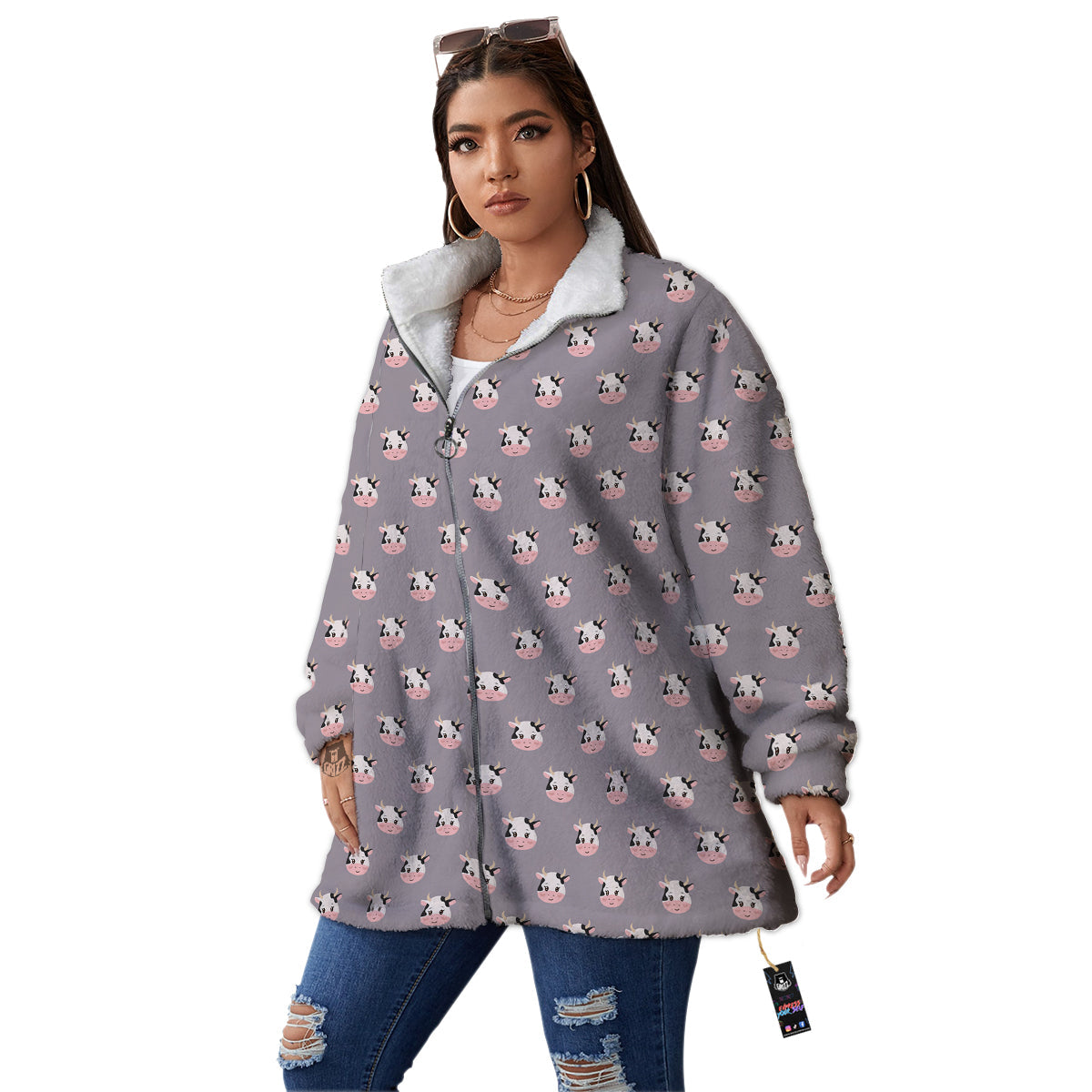 Smiley Cow Cartoon Print Pattern Women's Sherpa Jacket-grizzshop