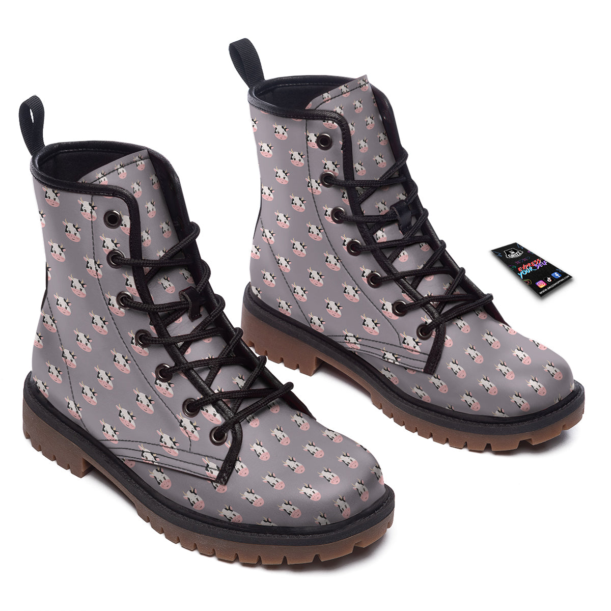 Smiley Cow Cartoon Print Pattern Work Boots-grizzshop