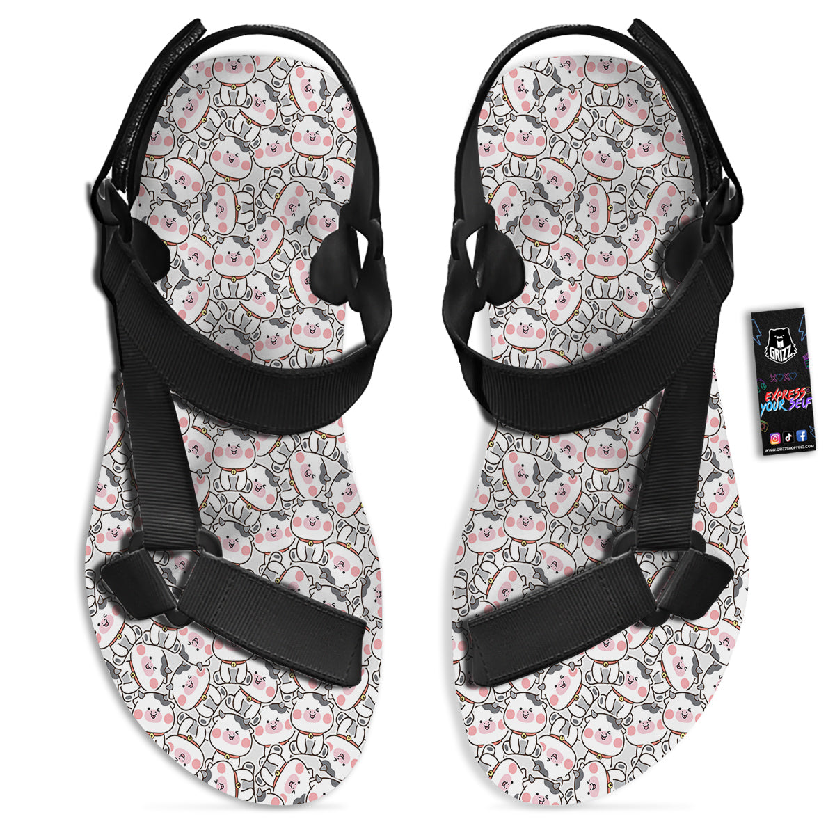 Smiley Cow Cute Print Pattern Black Open Toe Sandals-grizzshop