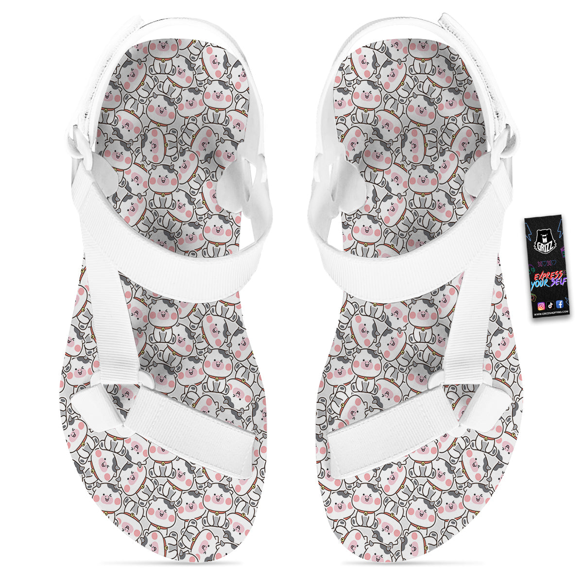 Smiley Cow Cute Print Pattern White Open Toe Sandals-grizzshop