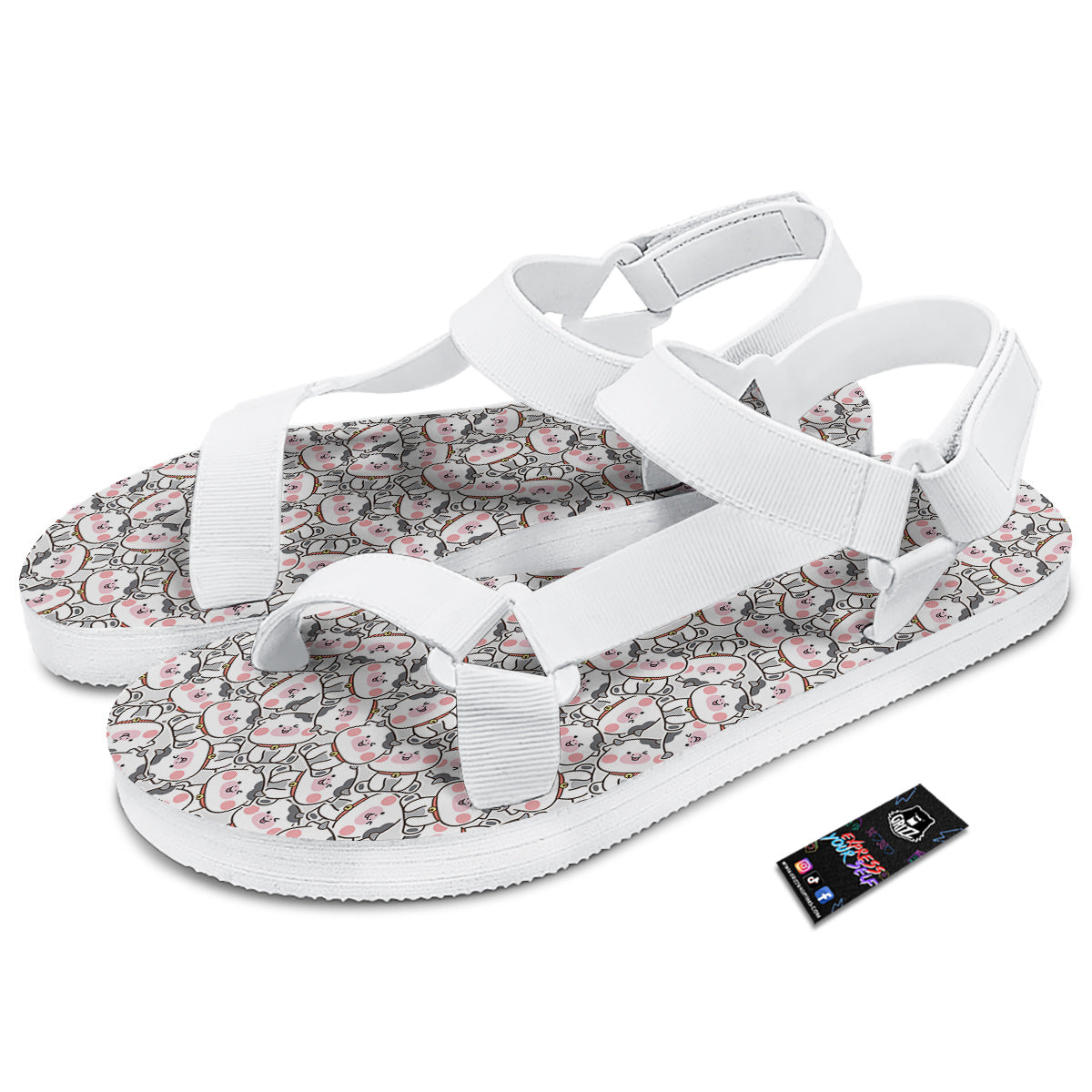 Smiley Cow Cute Print Pattern White Open Toe Sandals-grizzshop