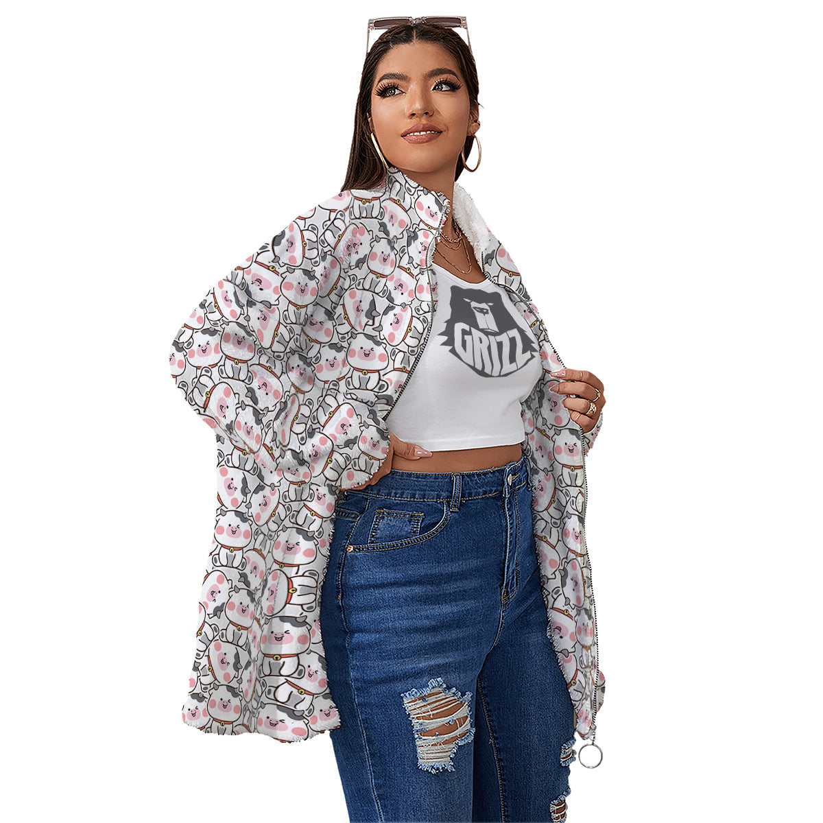 Smiley Cow Cute Print Pattern Women's Sherpa Jacket-grizzshop