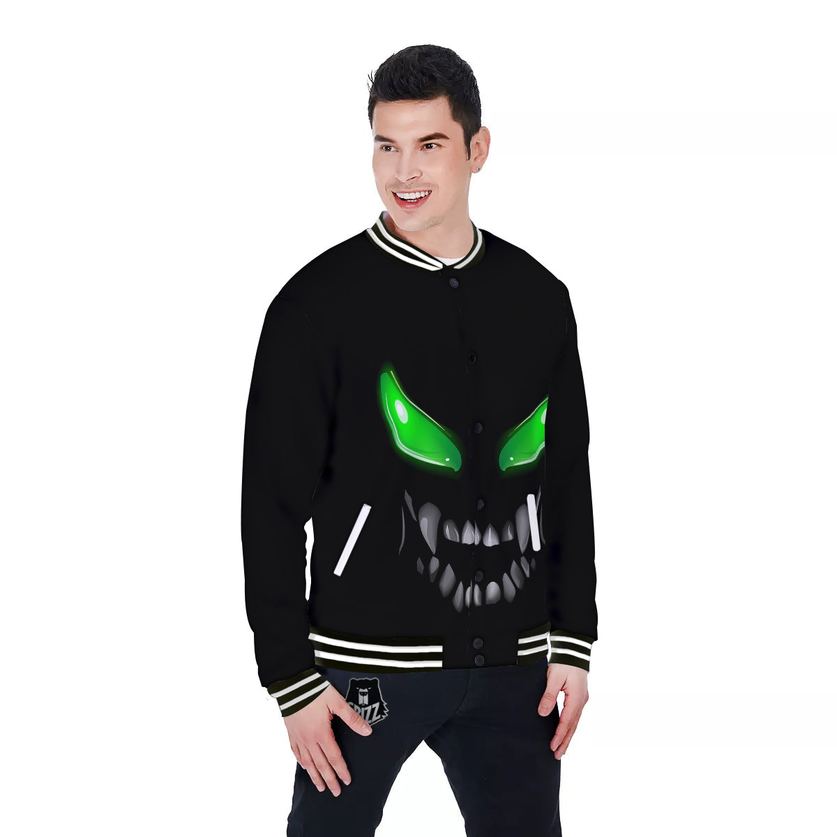 Smiley Face Monster Black Print Baseball Jacket-grizzshop
