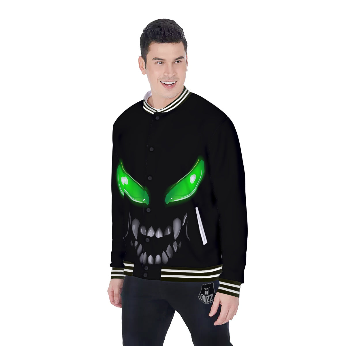 Smiley Face Monster Black Print Baseball Jacket-grizzshop