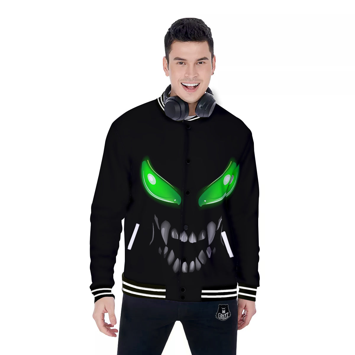 Smiley Face Monster Black Print Baseball Jacket-grizzshop